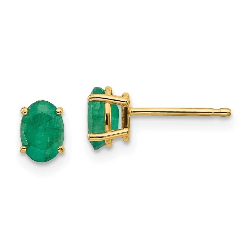 Curata 14k Yellow Gold 7x5mm Oval Emerald Stud Earrings