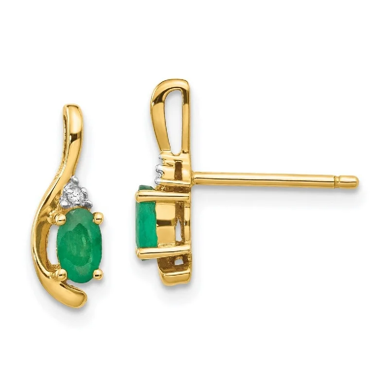 Curata 14k Yellow Gold Diamond and Genuine Emerald Earrings (5x14mm)