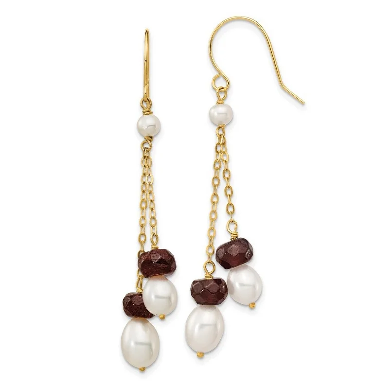 Curata 14k Yellow Gold Freshwater Cultured Pearl and Garnet Double Chain Drop Hook Earrings (6x51mm)