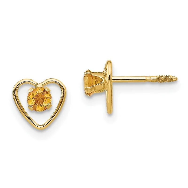 Curata 14k Yellow Gold Girls Screw back 3mm Citrine Heart Earrings (November Birthstone)