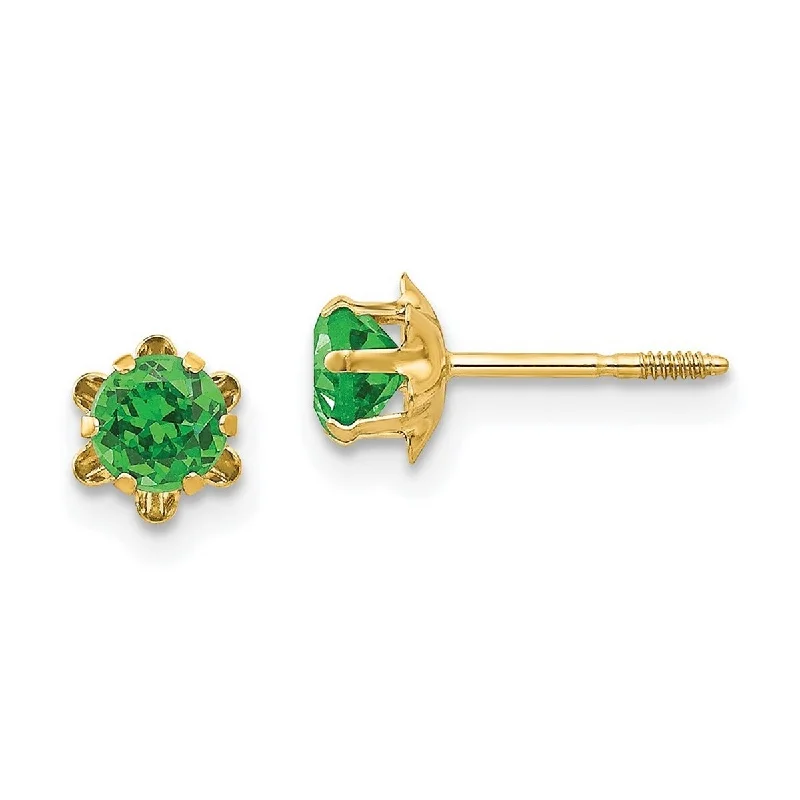 Curata 14k Yellow Gold Polished 4mm Synthetic Emerald (May) Screw Back Earrings