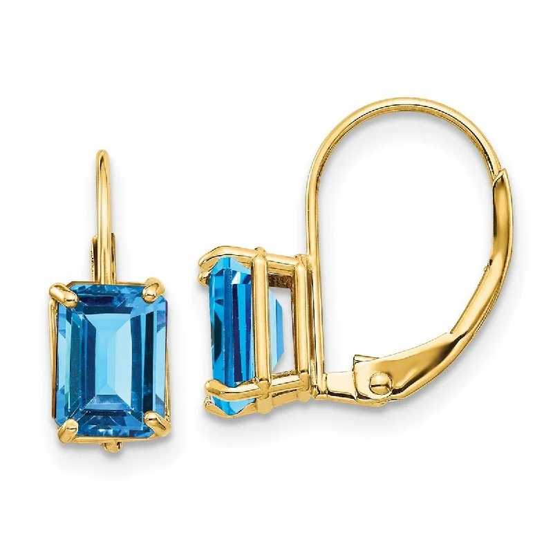 Curata 14k Yellow Gold Polished Leverback 7x5mm Emerald-Cut Blue Topaz Earrings