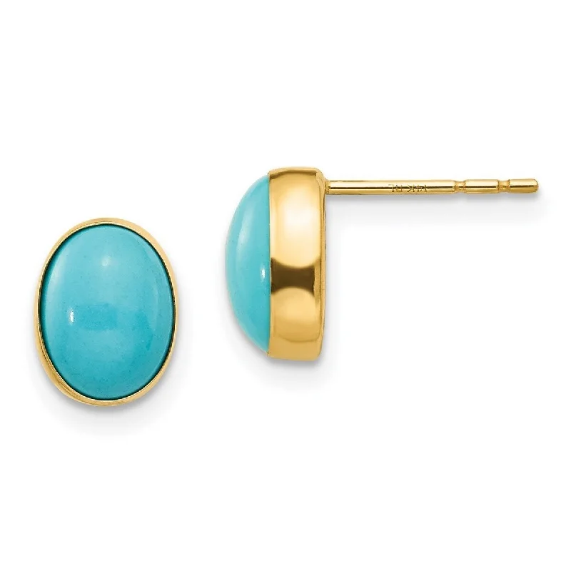 Curata 14k Yellow Gold Polished Open back Bezel Set Oval Created Simulated Turquoise Post Earrings - Measures 8x6mm