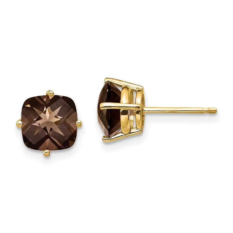 Curata 14k Yellow Gold Polished Post 7mm Cushion Smokey Quartz Earrings