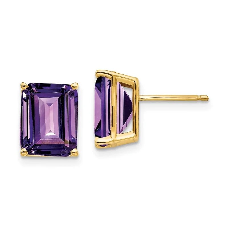 Curata 14k Yellow Gold Post 10x8mm Emerald Cut Amethyst Earrings