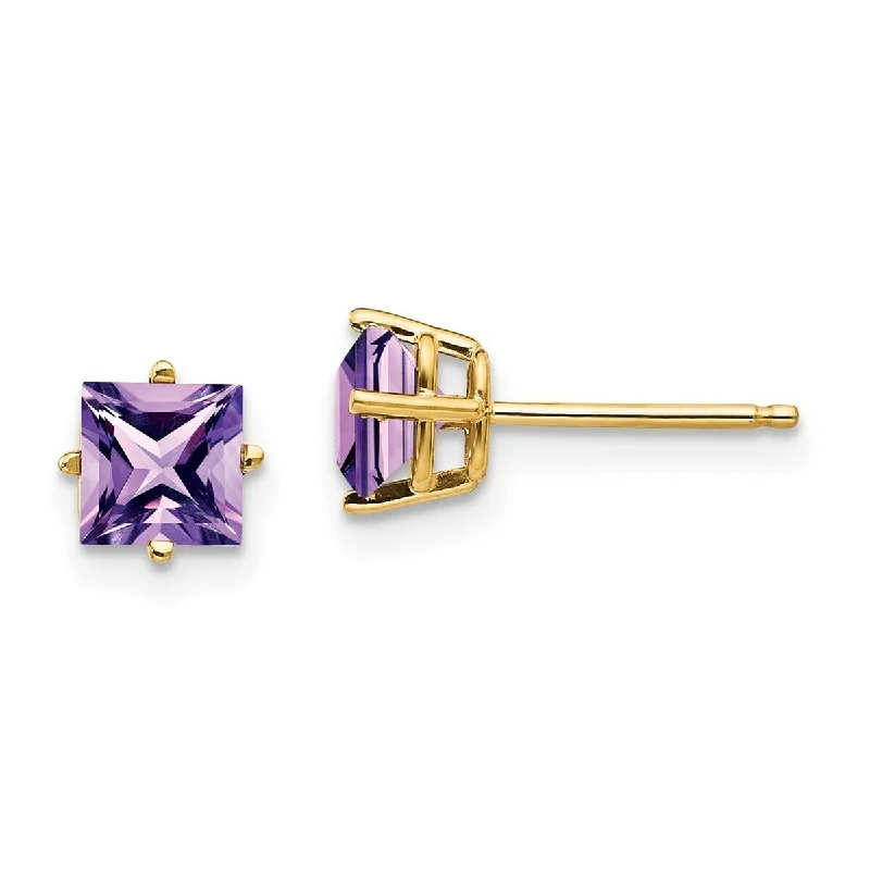 Curata 14k Yellow Gold Post 5mm Princess Cut Amethyst Earrings