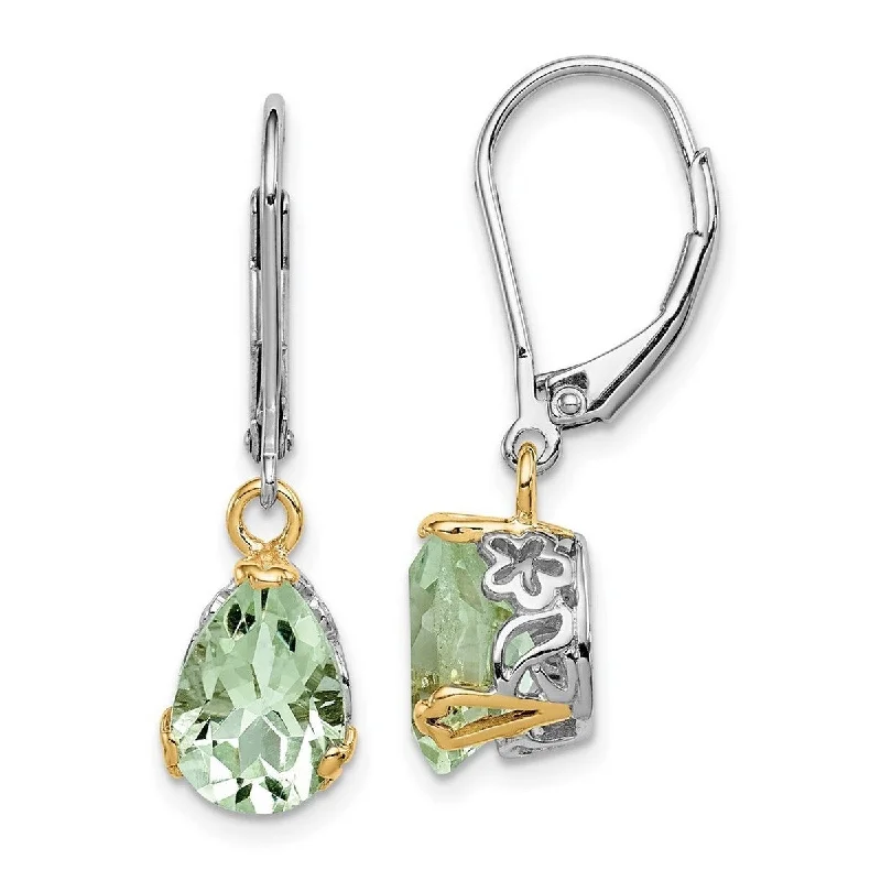 Curata 925 Sterling Silver and 14K Green Amethyst Leverback Earrings M28x8mm