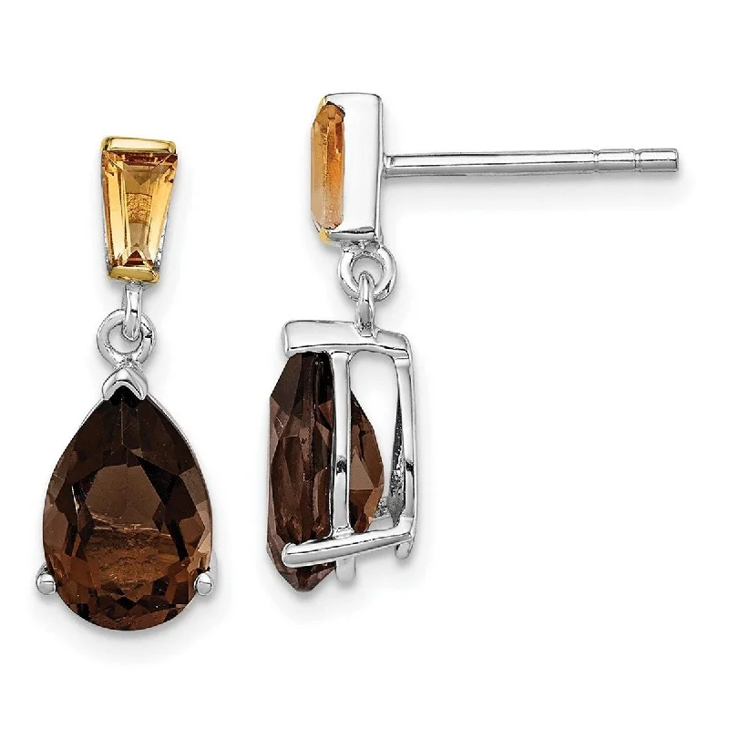 Curata 925 Sterling Silver and 14K Smokey Quartz and Citrine Earrings 18x7mm