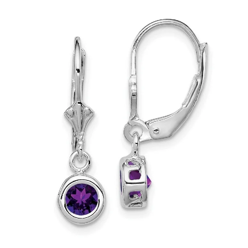 Curata 925 Sterling Silver Bezel 5mm Round Amethyst Leverback Earrings 26x6mm