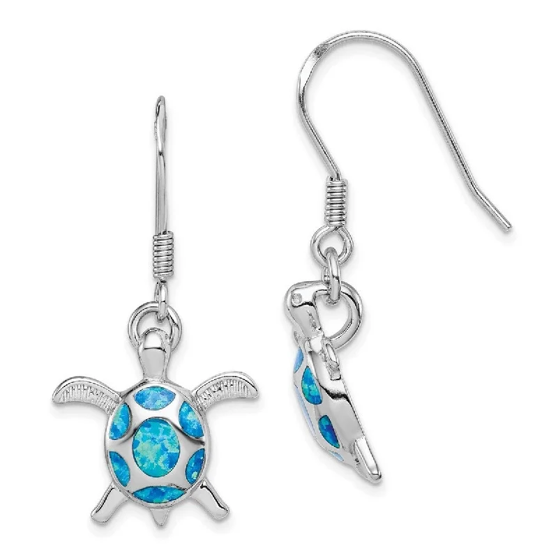 Curata 925 Sterling Silver Created Blue Simulated Opal Turtle Shepherd Hook Earrings (19mm x 35mm)