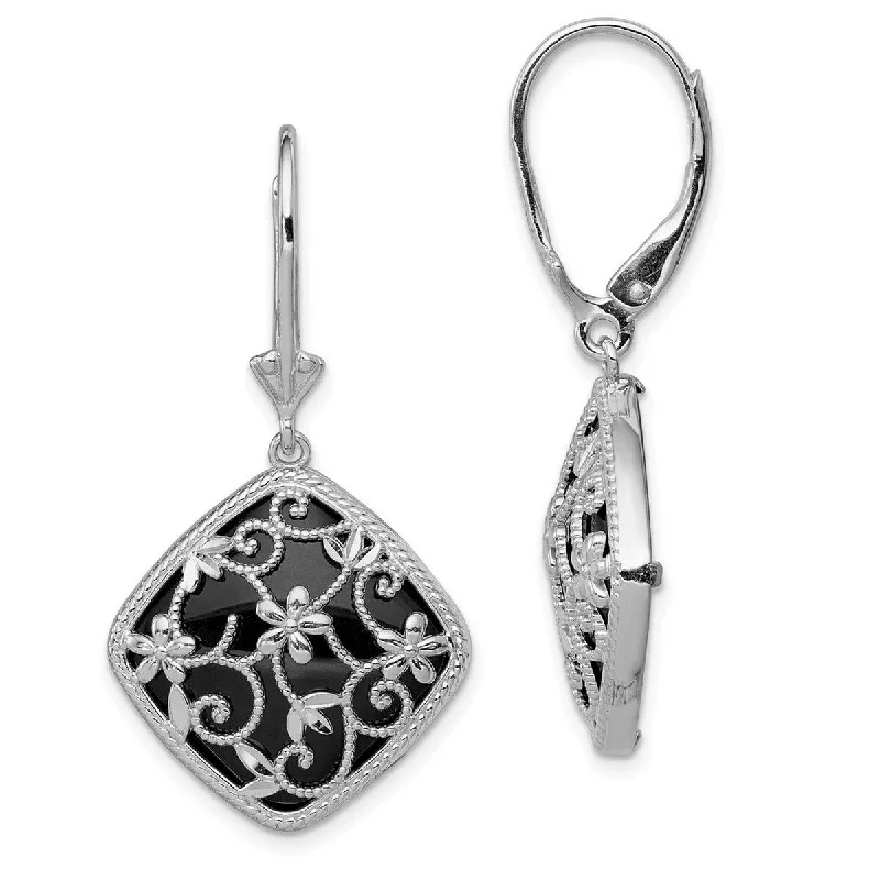 Curata 925 Sterling Silver Dangle Polished Textured and Sparkle Cut Simulated Onyx Leverback Earrings Measures 41x22mm Wide