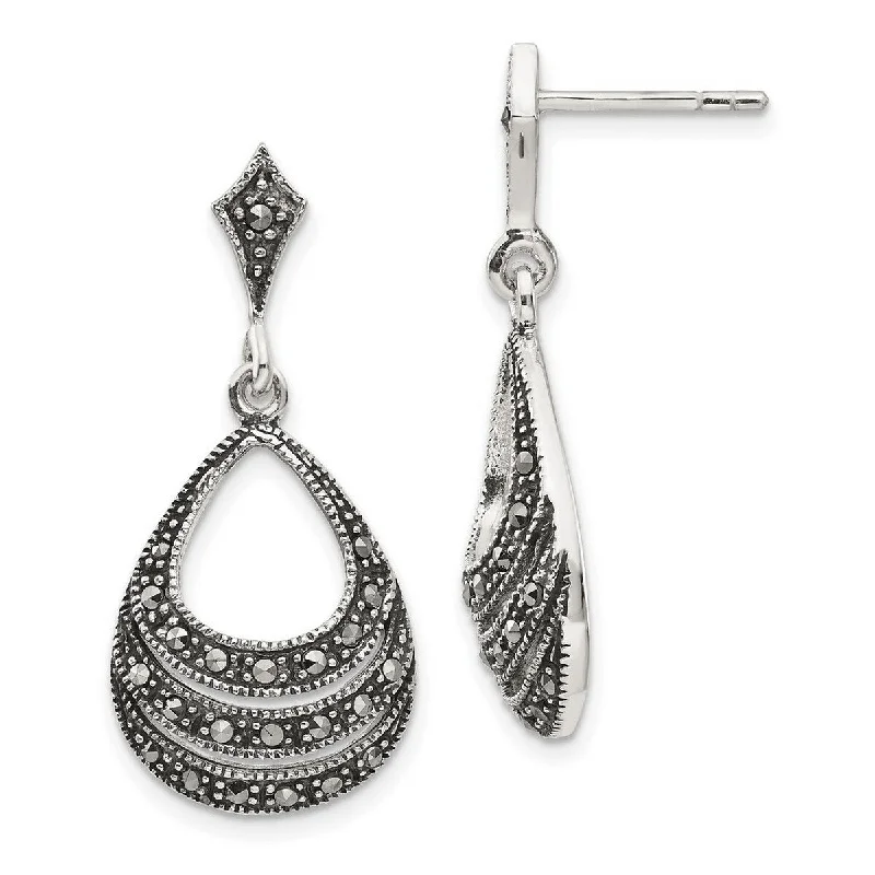 Curata 925 Sterling Silver Pear Marcasite Dangle Earrings 33x15mm