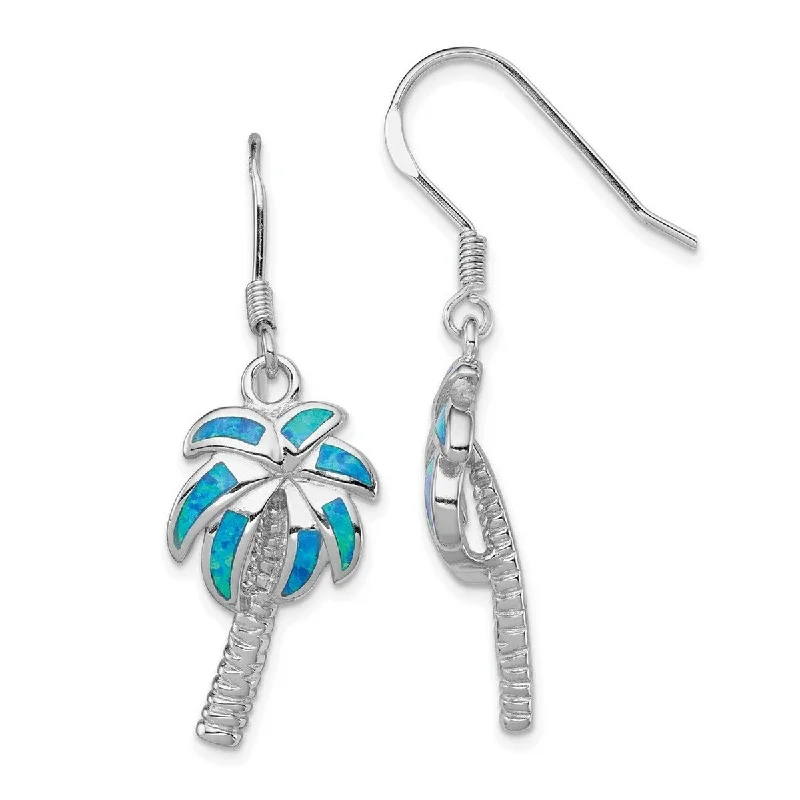 Curata 925 Sterling Silver Polished Shepherd hook Created Blue Simulated Opal Inlay Palm Tree Long Drop Dangle Earrings Measures