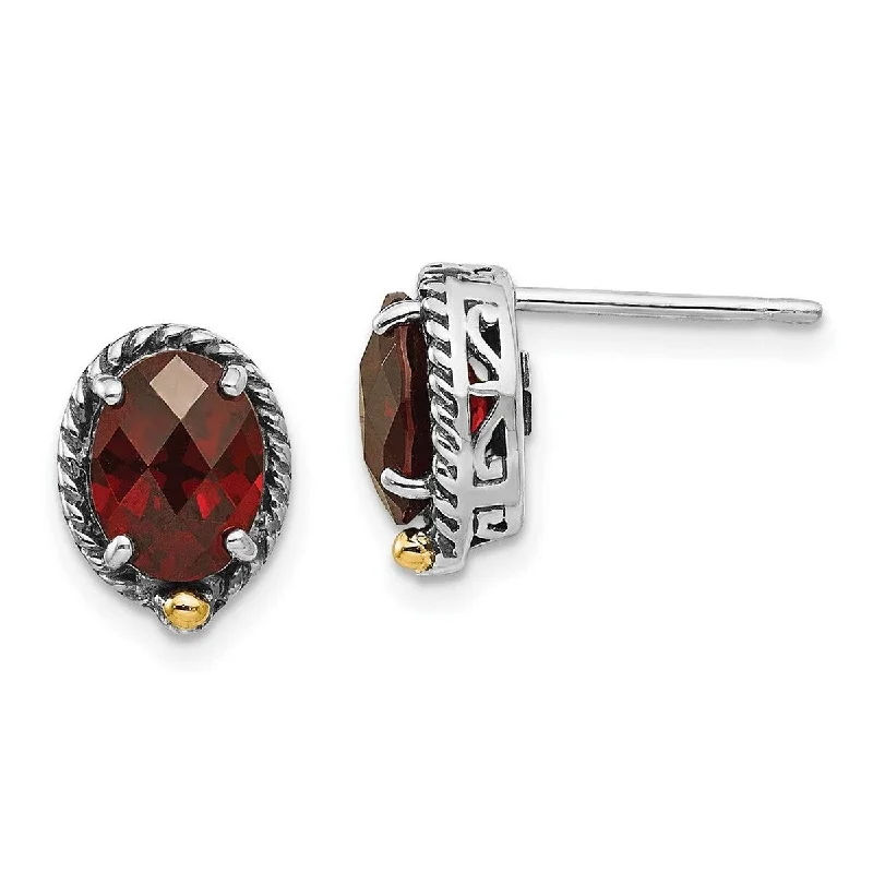 Curata 925 Sterling Silver Polished With 14k Oval Garnet Antiqued Post Earrings 28x26mm