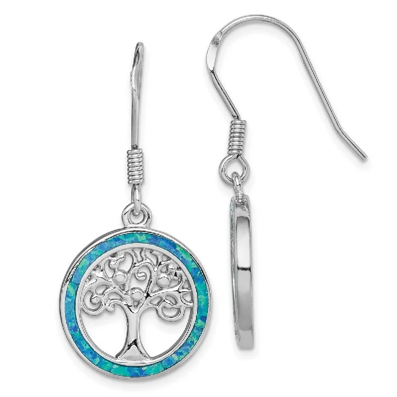 Curata 925 Sterling Silver Rhodium Plated Simulated Blue Opal Circle With Tree Drop Dangle Earrings