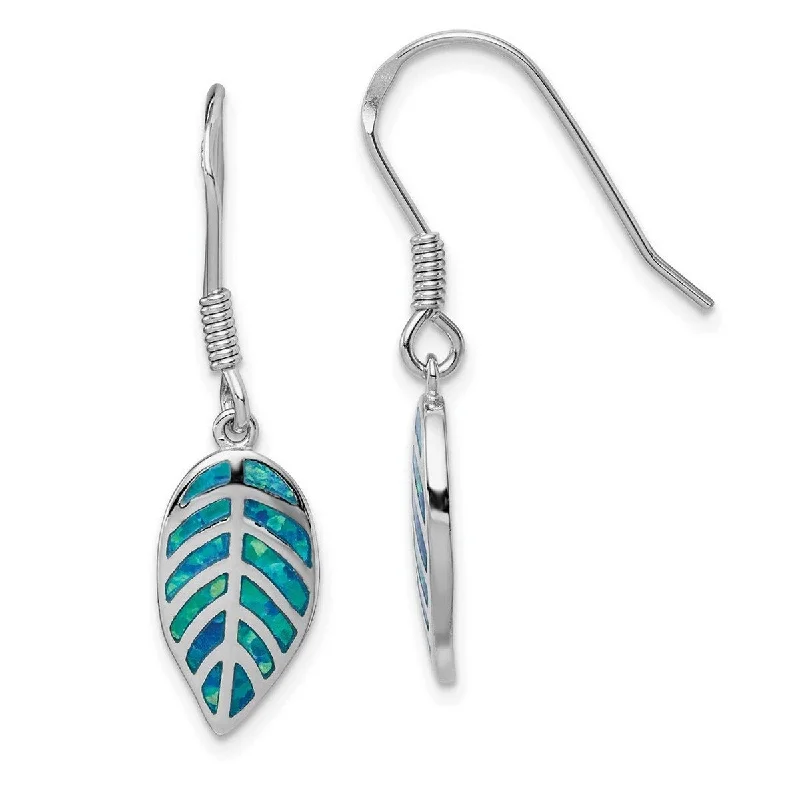 Curata 925 Sterling Silver Rhodium Plated Simulated Blue Opal Inlay Leaf Drop Dangle Earrings 35x9mm