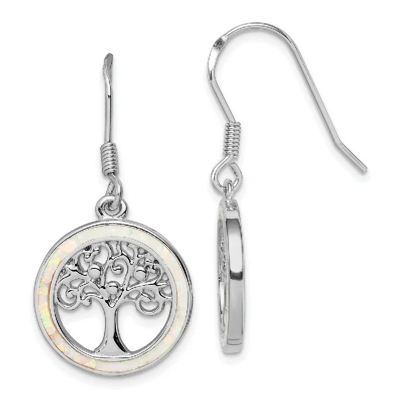 Curata 925 Sterling Silver Rhodium Plated Simulated Opal Circle With Tree Drop Dangle Earrings 37.25x17mm