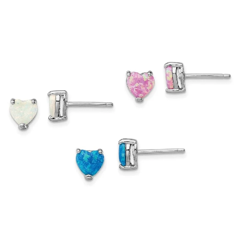 Curata 925 Sterling Silver Rhodium Plated Simulated Opal Set Of 3 Love Heart Earrings