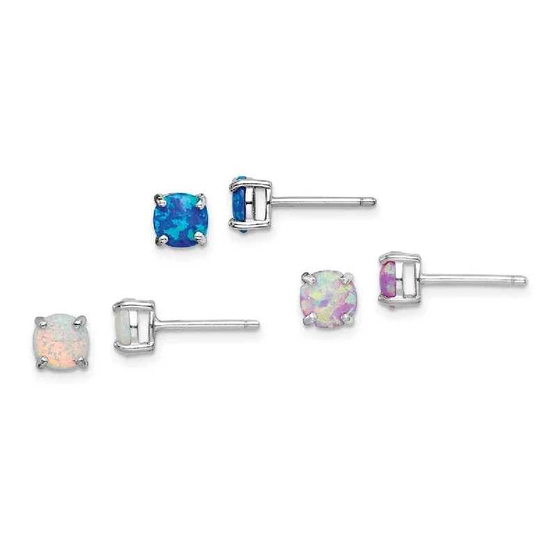 Curata 925 Sterling Silver Rhodium Plated Simulated Opal Set Of 3 Stud Earrings