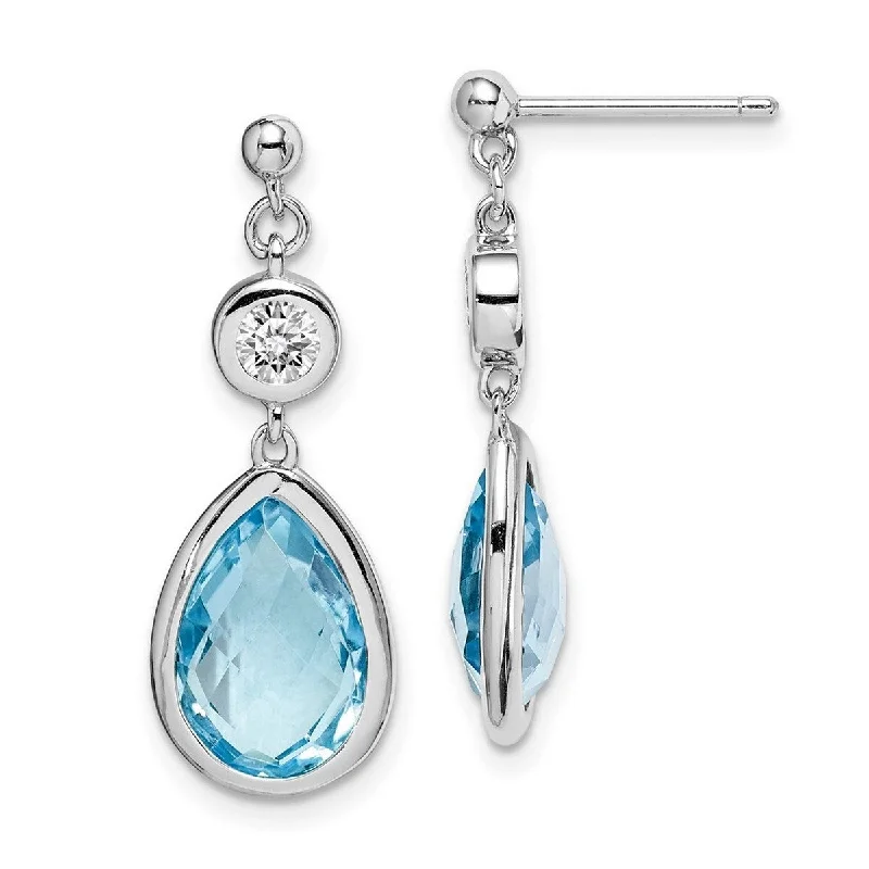 Curata 925 Sterling Silver Rhodium Plated White and Blue Topaz Post Long Drop Dangle Earrings Measures 28x10.5mm Wide