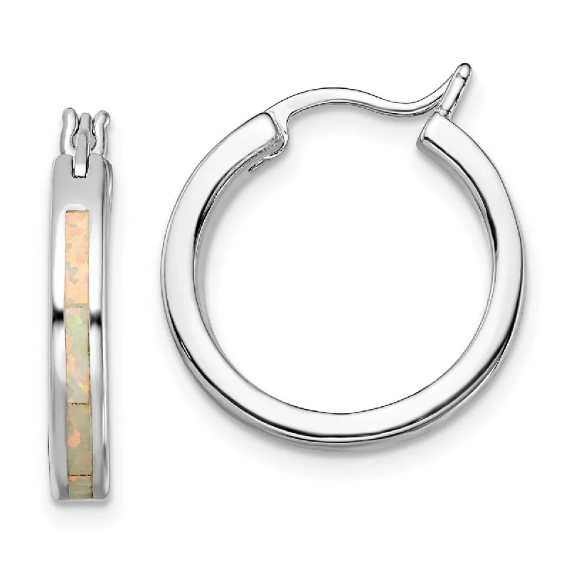 Curata 925 Sterling Silver Rhodium Plated White Simulated Opal Hoop Earrings 21.6x3.3mm