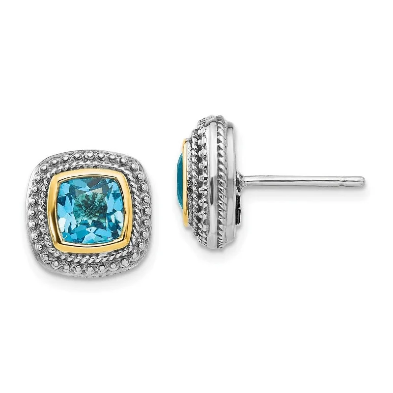 Curata 925 Sterling Silver With 14k 11mm Bezel Blue Topaz Earrings