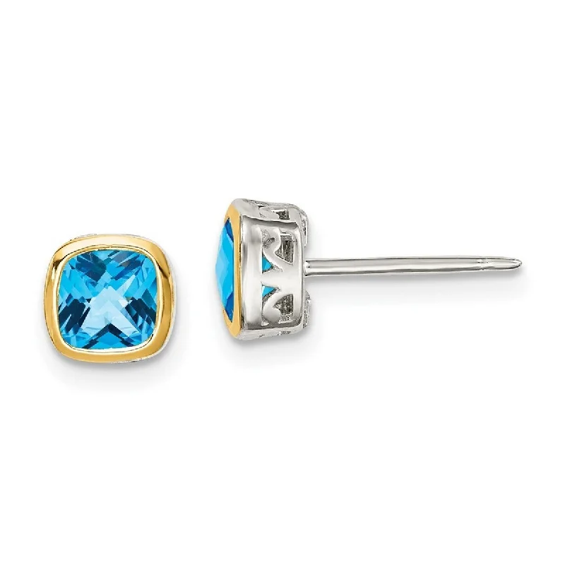 Curata 925 Sterling Silver With Real 14k Accent 6.5mm Light Swiss Blue Topaz Square Stud Earrings