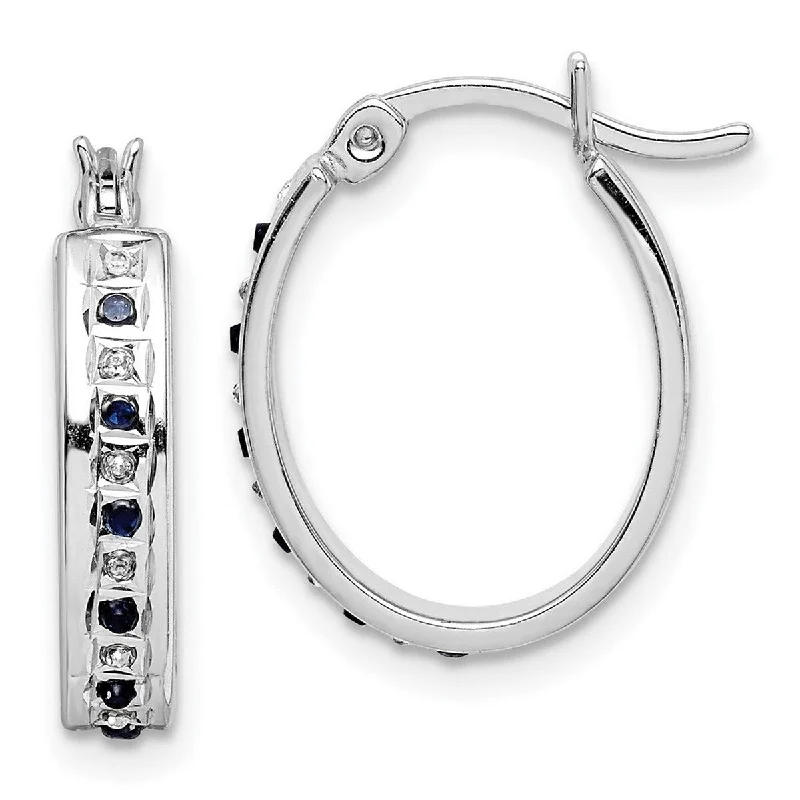 Curata Sterling Silver Diamond and Sapphire Oval Hinged Hoop Earrings (19x3mm)