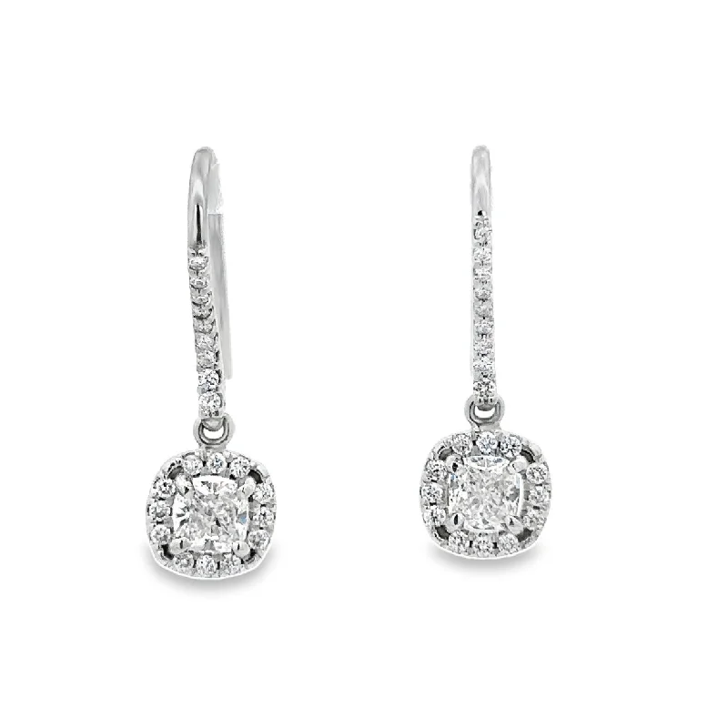 Cushion Cut Diamond Drop Earrings in White Gold