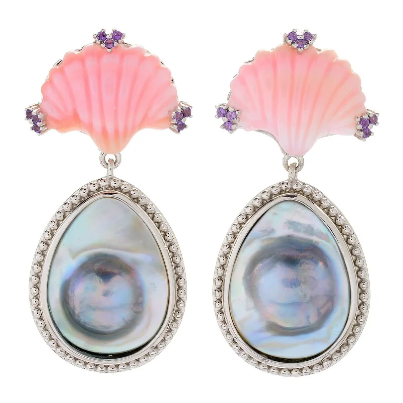 Dallas Prince Designs Sterling Silver 2" Cultured Pearl & Pink Conch Shell Drop Earrings