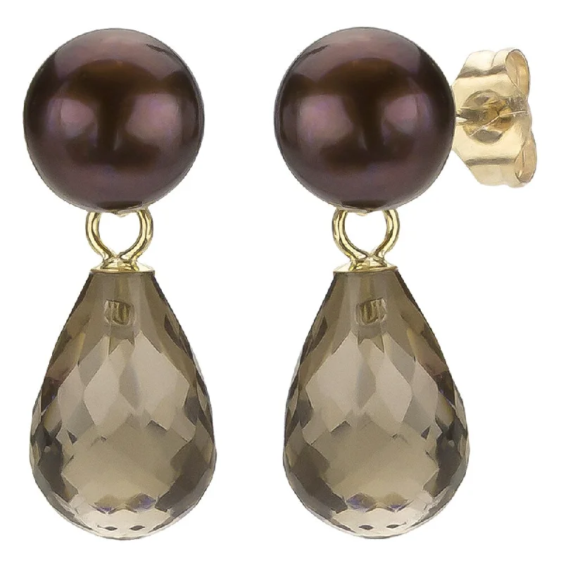 DaVonna 14k Gold Brown Freshwater Pearl and Smokey Quartz Drop Earrings