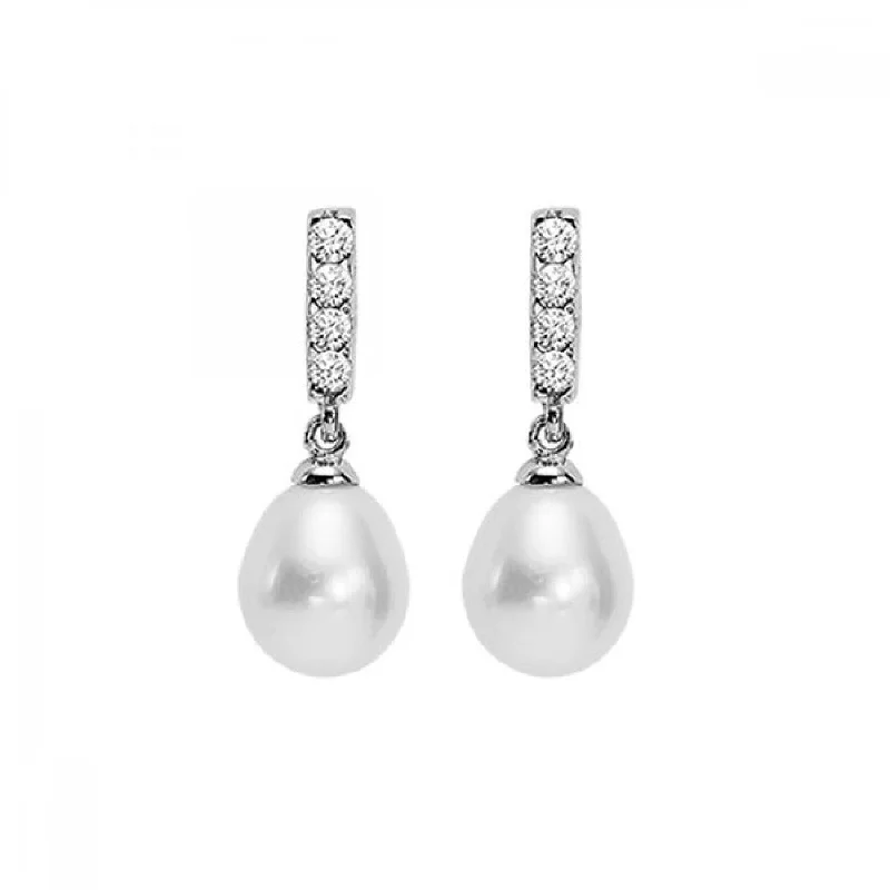 Diamond-Accented Silver Pearl Drop Earrings