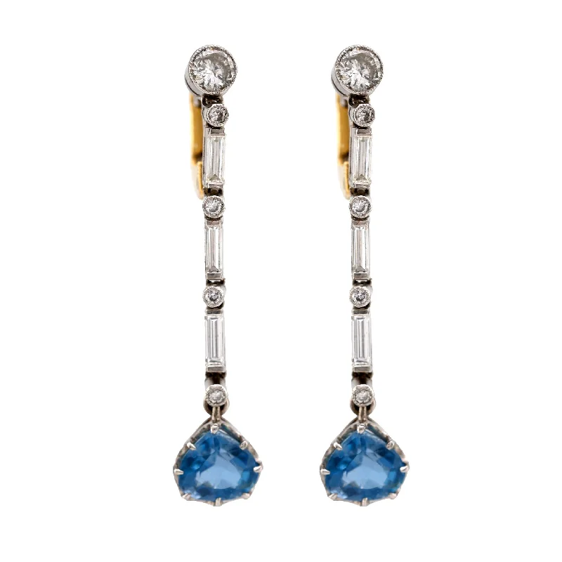 Edwardian Style Aquamarine Diamond 18K Yellow White Gold Drop Earrings