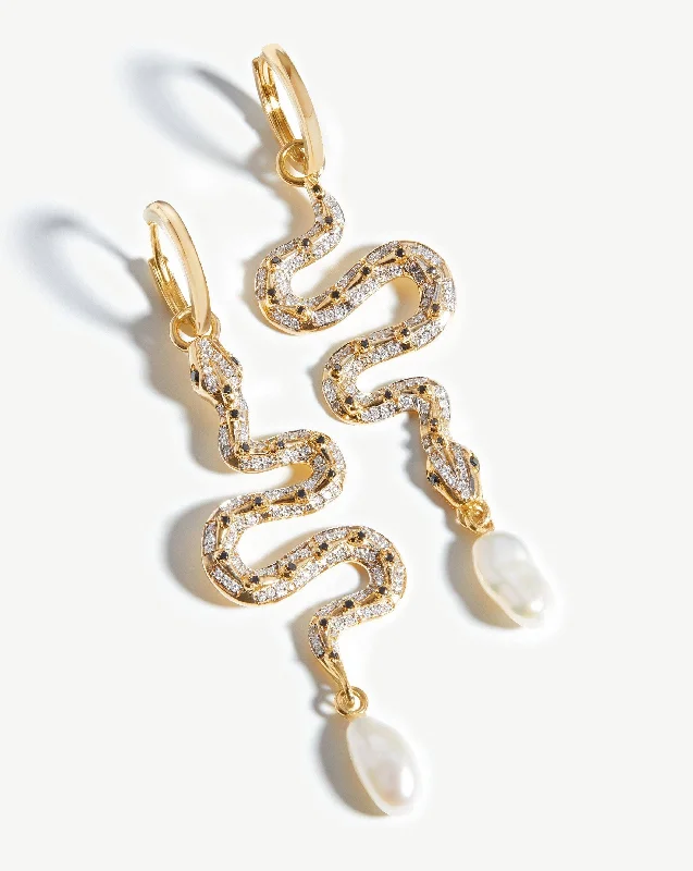 Harris Reed Fine Serpent Drop Earrings | 14k Solid Gold/Pearl & Diamond