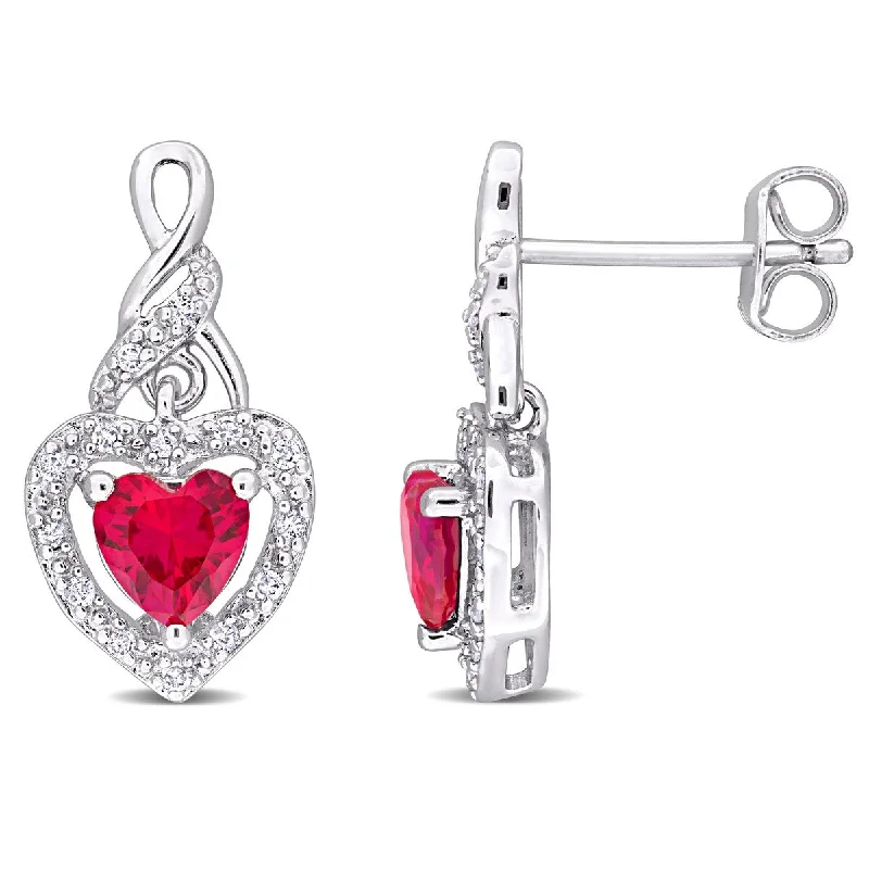 Miadora 1 1/6 CT TGW Created Ruby 1/8ct TW Diamond Heart Earrings Sterling Silver