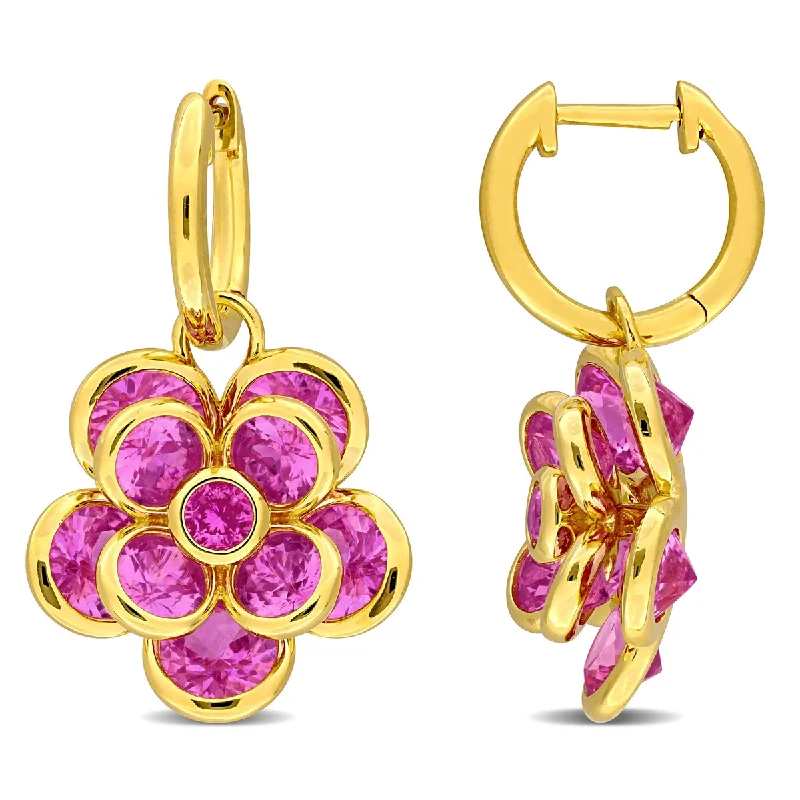 Miadora 7 1/2ct TGW Created Pink Sapphire Flower Hoop Earrings Yellow Silver