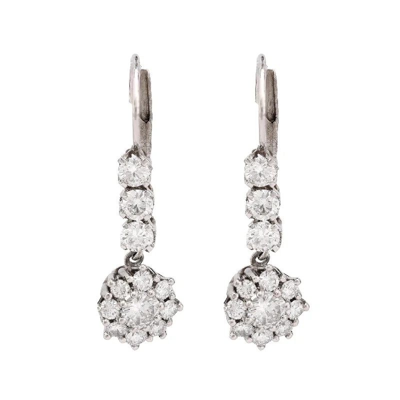 Mid Century 2 carat total weight diamond platinum flower drop earrings