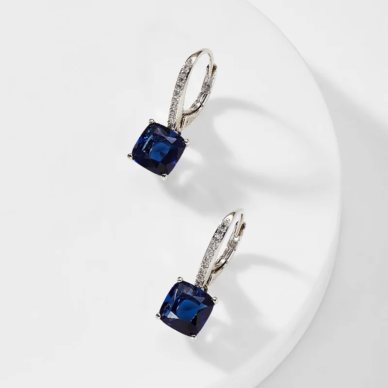 MODERN LOVE CUSHION CUT FAUX SAPPHIRE DROP EARRINGS