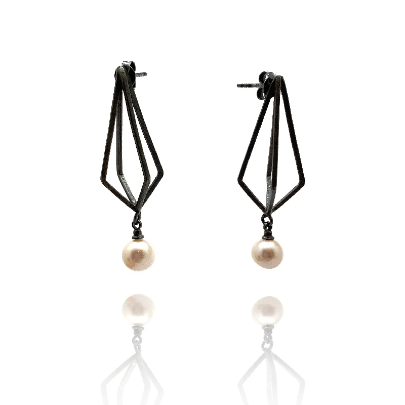 Oxidized Diamond Pearl Drop Earrings