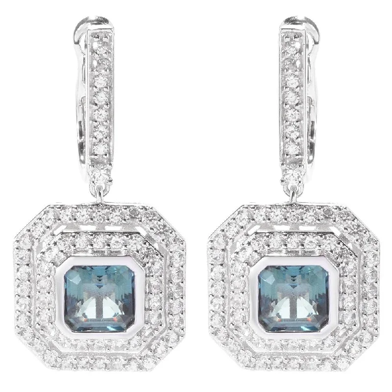 SS Asscher Cut Honey Green Quartz Double Halo Drop Earrings