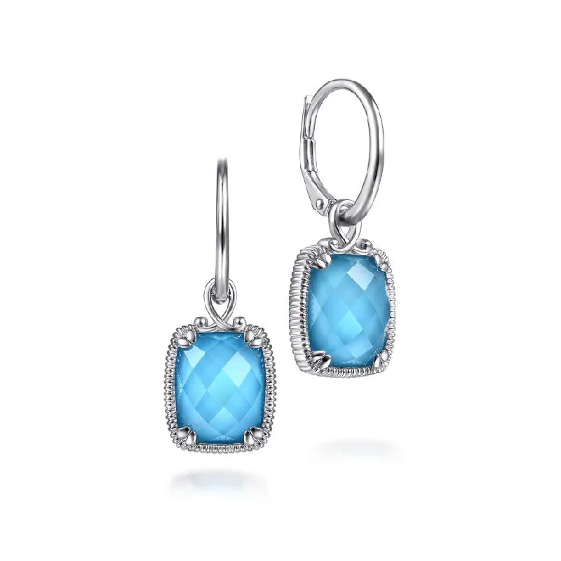 925 Sterling Silver Rock Crystal Turquoise Long Cushion Drop Earrings