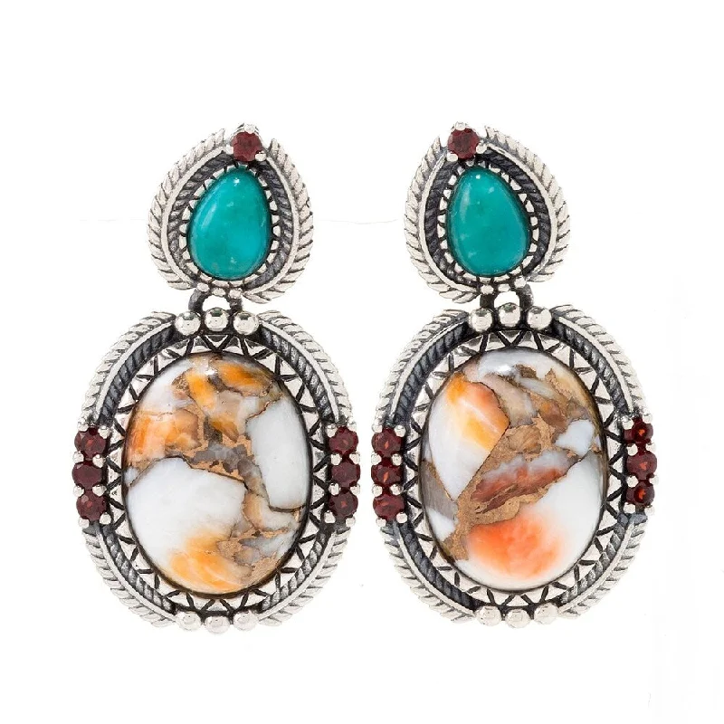 Sterling Silver 1.25" Oval Orange Spiny Oyster & Gem Drop Earrings