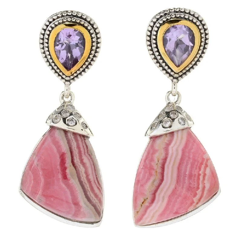 Sterling Silver 1.5" Rhodochrosite & Pink Amethyst Drop Earrings