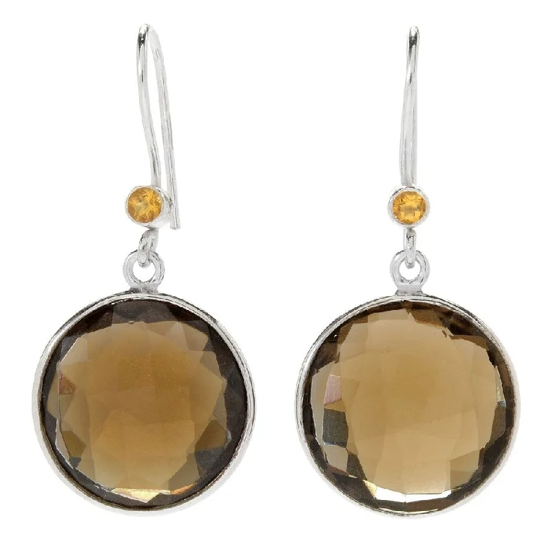 Sterling Silver 18mm Checkerboard Cut Smoky Quartz Drop Earrings