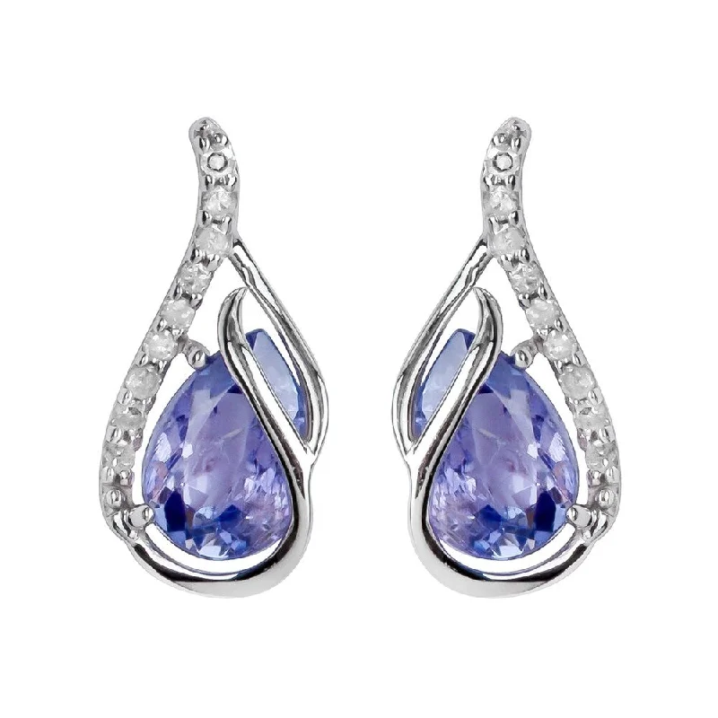 Viducci 10k White Gold Genuine Pear-Shape Tanzanite and Diamond Curved Halo Drop Earrings