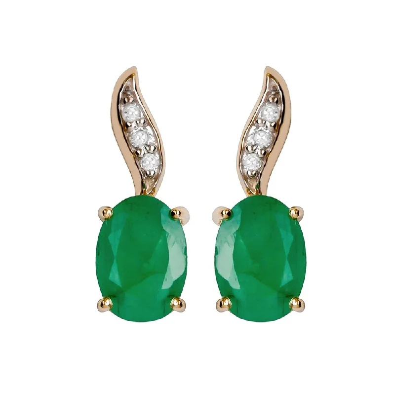 Viducci 10k Yellow Gold Genuine Oval Emerald and Diamond Drop Earrings