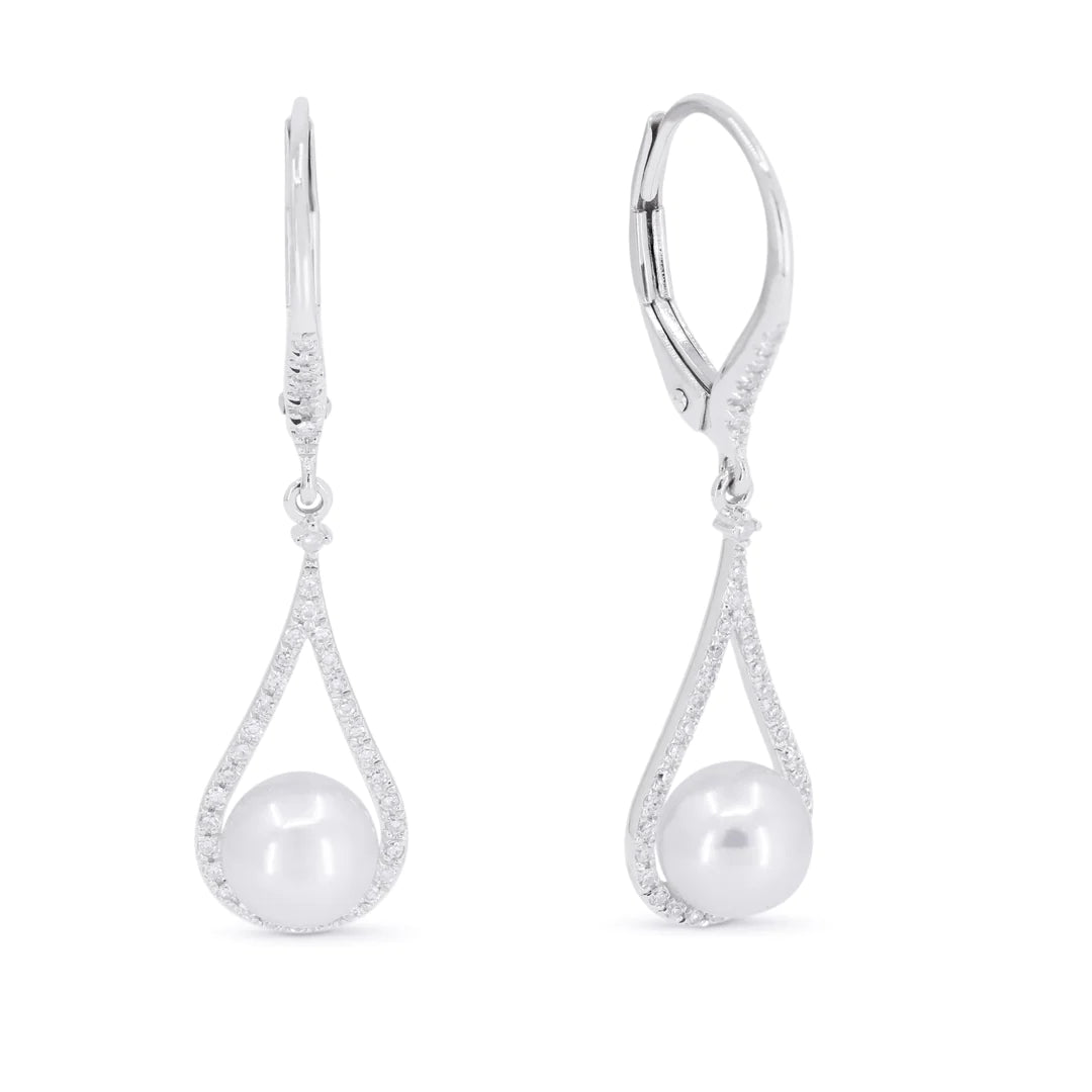 White Gold Pearl & Diamond Drop Earrings