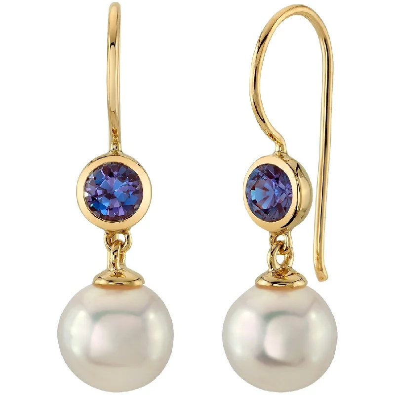 14k Yellow Gold Freshwater Pearl and Alexandrite Birthstone Drop Earrings