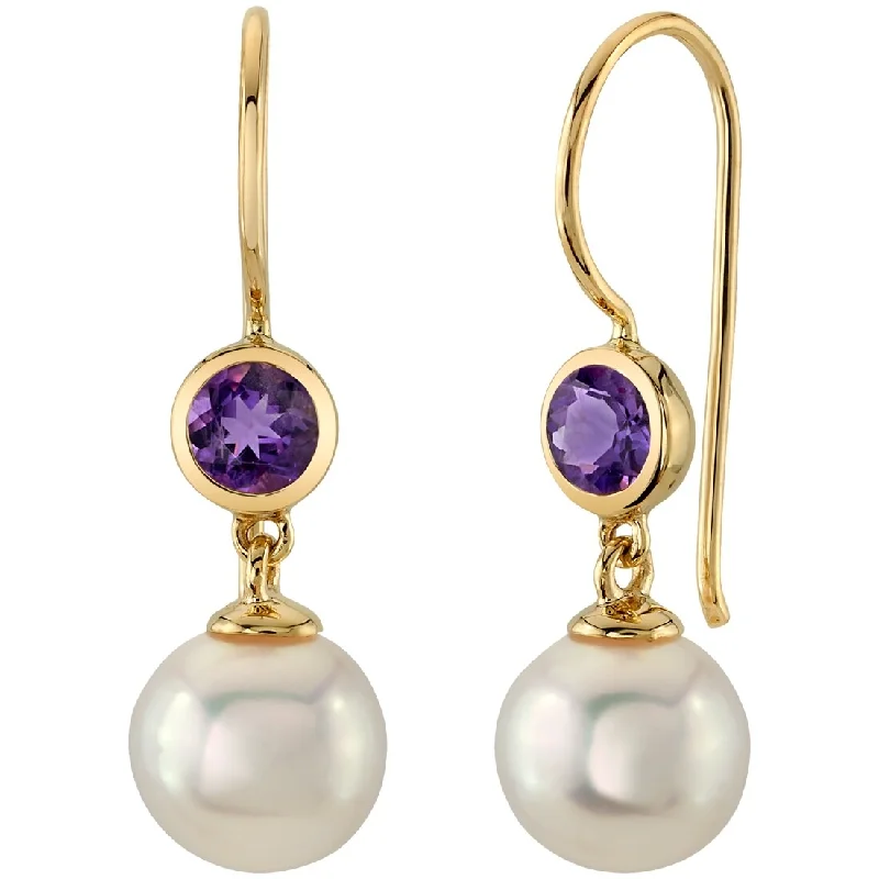 14k Yellow Gold Freshwater Pearl and Amethyst Birthstone Drop Earrings