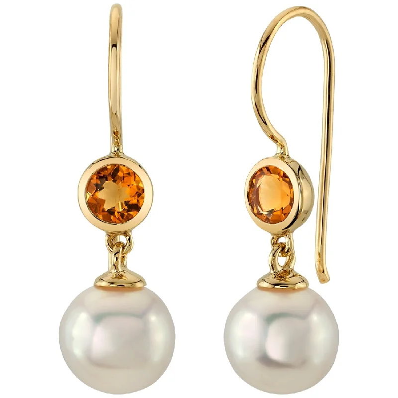 14k Yellow Gold Freshwater Pearl and Citrine Birthstone Drop Earrings